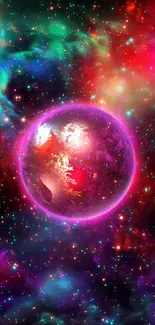 Vibrant cosmic planet with colorful celestial background.