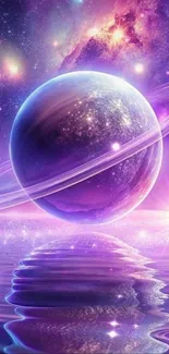 Vibrant cosmic wallpaper with a purple planet and reflective water.