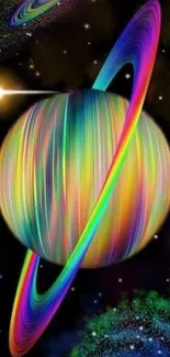 Vibrant colorful planet with rings in space.