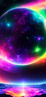 Vibrant cosmic planet wallpaper with neon colors.