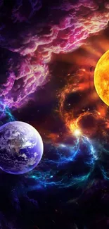 Vibrant cosmic wallpaper with planets and nebulae in rich colors.