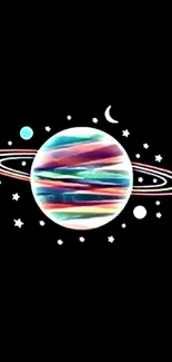 Colorful planet with rings on black space background.