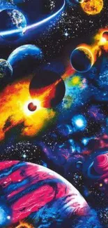 Vibrant cosmic wallpaper with colorful planets and galaxies.