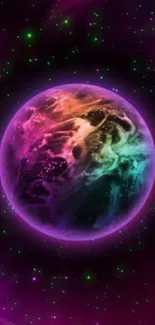 Vibrant cosmic planet with colorful aura and starry background.