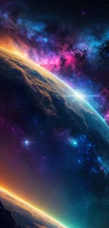 Vibrant cosmic planet wallpaper showcasing colorful galaxies and starry skies.