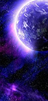 Vibrant purple and blue cosmic planet wallpaper with stars.