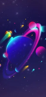 Cosmic planet mobile wallpaper with neon colors and space elements.