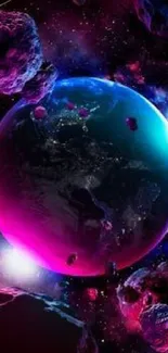 Colorful cosmic planet and asteroids wallpaper with pink and blue hues.