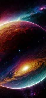 Colorful cosmic planet mobile wallpaper with galaxy backdrop.