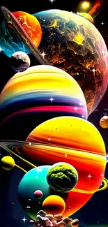 Vibrant space wallpaper with colorful planets in cosmic scenery.