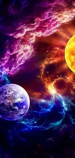 Vibrant cosmic scene with planets and nebula.