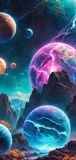 Colorful cosmic landscape with vibrant planets and mystical mountains.