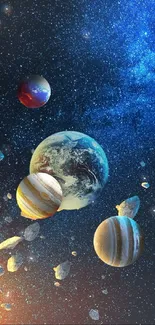 Mobile wallpaper featuring vibrant planets in a cosmic space scene.