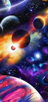 Vibrant cosmic wallpaper with colorful planets.