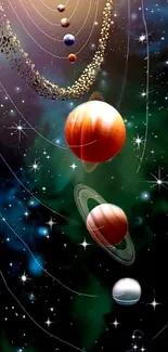 Vibrant wallpaper of colorful planets in space with starry background.