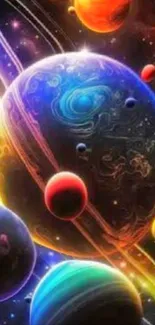 Vibrant art of colorful planets in space.