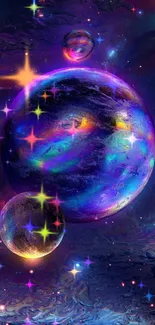 Vibrant cosmic planets in swirling galaxy wallpaper.