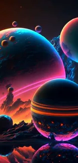 Vibrant neon planets in a cosmic landscape, perfect for mobile wallpaper.