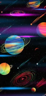 Vibrant mobile wallpaper of colorful planets in space.