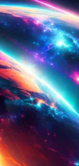 Colorful cosmic planets with neon galaxy background.