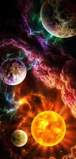 Colorful cosmic wallpaper with planets and nebula.