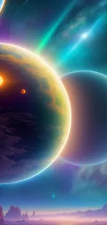 Vibrant planets and cosmic scenery in a space-themed wallpaper.