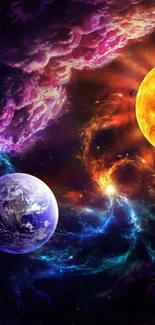 Vibrant cosmic wallpaper with colorful planets and nebulas.