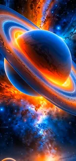 Vibrant cosmic planets and galaxy wallpaper with blue and orange hues.