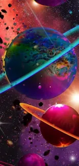 Colorful cosmic wallpaper featuring vibrant planets and stars.