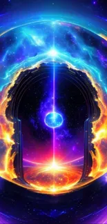 Vibrant cosmic portal wallpaper with blue and orange hues.