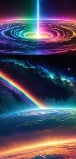 Vibrant cosmic portal with swirling colors and rainbow in space.