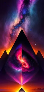 Vibrant cosmic pyramid art with colorful galaxy background.