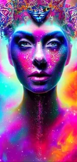 Vibrant neon cosmic queen digital wallpaper with a colorful celestial theme.