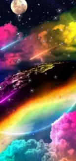 Vibrant cosmic wallpaper with rainbow clouds and stars.