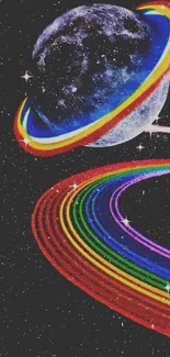 Rainbow rings encircle a planet in space, amid starry black sky.