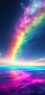 Cosmic wallpaper with a vibrant rainbow over a starry sky.