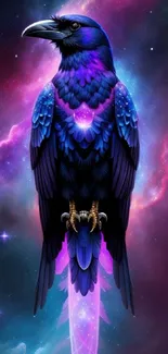 Vibrant cosmic raven with galaxy background in vivid colors.