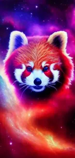 Red panda head in a cosmic, vibrant nebula background.