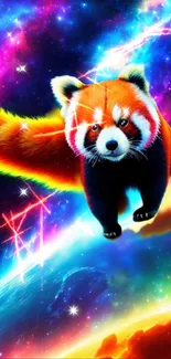 Vibrant red panda floating in a cosmic space scene.