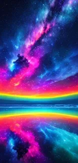 Vibrant cosmic reflection with rainbow colors and galaxy view.