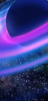 Colorful planet with cosmic rings and starry background wallpaper.