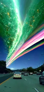 Cosmic highway under vibrant aurora display wallpaper.