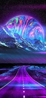 Colorful cosmic scene with vibrant road beneath starlit sky and majestic mountains.