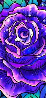 A vibrant purple cosmic rose with blue leaves and a starry background.