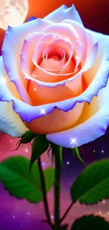 Vibrant cosmic rose with galaxy background.