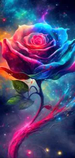 A cosmic rose with neon colors in a galaxy-themed wallpaper.