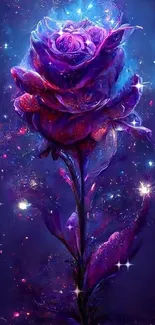 Enchanting cosmic rose with purple, blue hues and a magical glow.