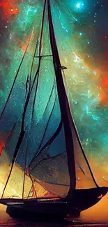 Colorful cosmic sailboat in a nebula-themed art wallpaper.