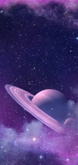 Mobile wallpaper of Saturn with purple cosmic background.