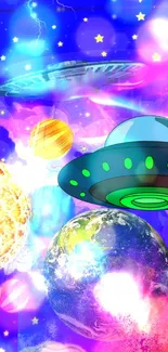 Colorful cosmic scene with planets and UFOs.